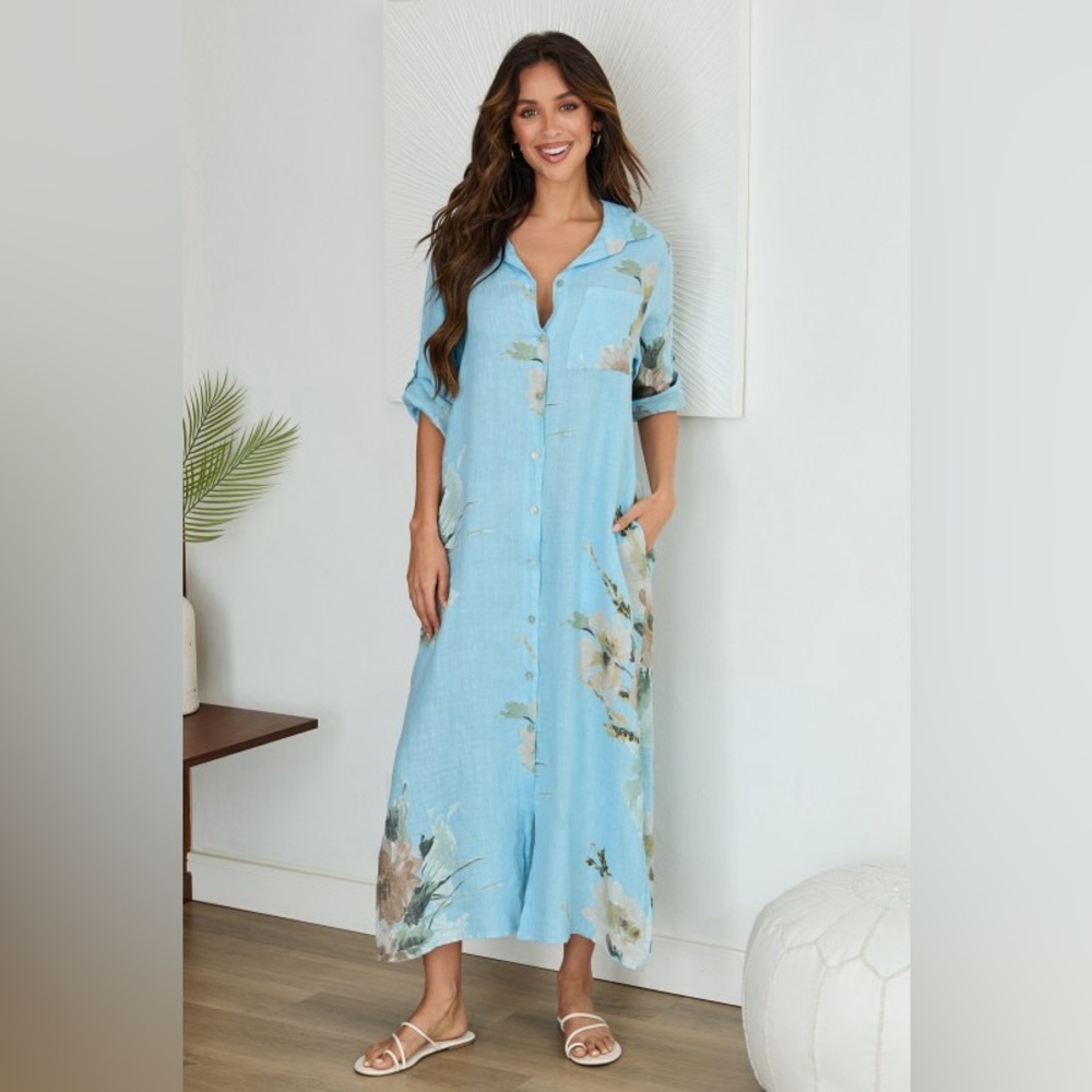 (5-42-MAGNOLIA-SKY) BUTTON DOWN LONG MAGNOLIA FLOWERS LINEN DRESS